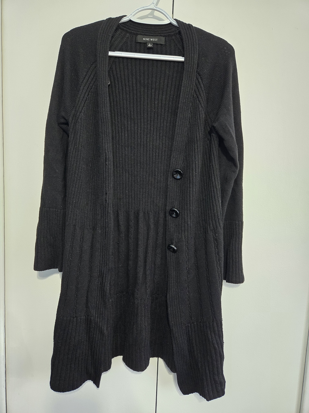Nine West Black Ribbed Cardigan‎ Sweater Women’s Large Open Front Button Accent